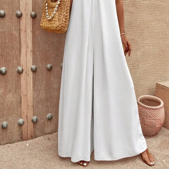 White Boho Womens Solid Tie Back Tube Wide Leg Jumpsuit - Picture 4 of 5